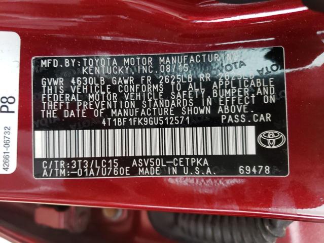 Photo 10 from auction – 2016 TOYOTA CAMRY LE with VIN 4T1BF1FK9GU512571