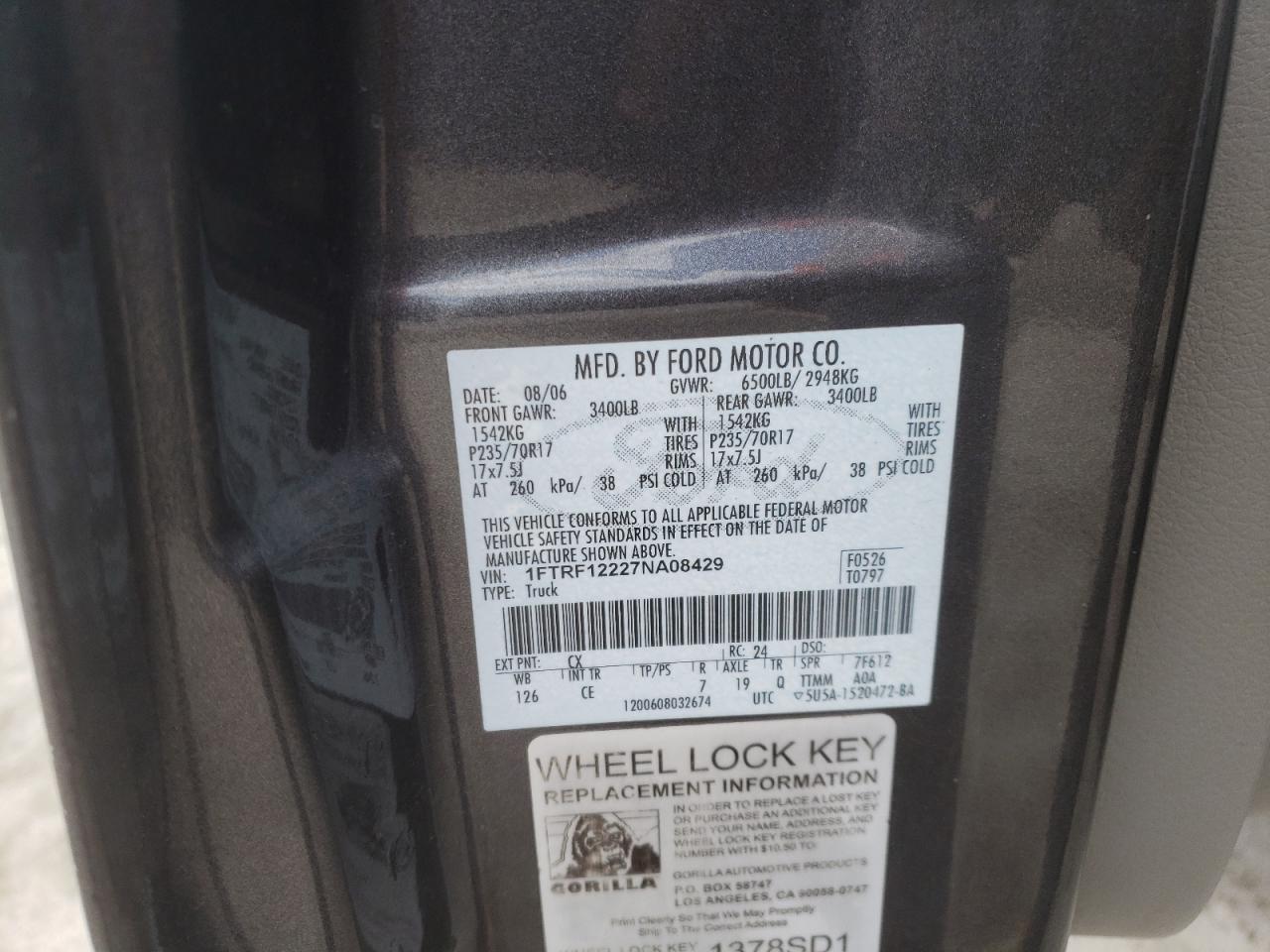 Photo 10 from auction – 2007 FORD F150 with VIN 1FTRF12227NA08429