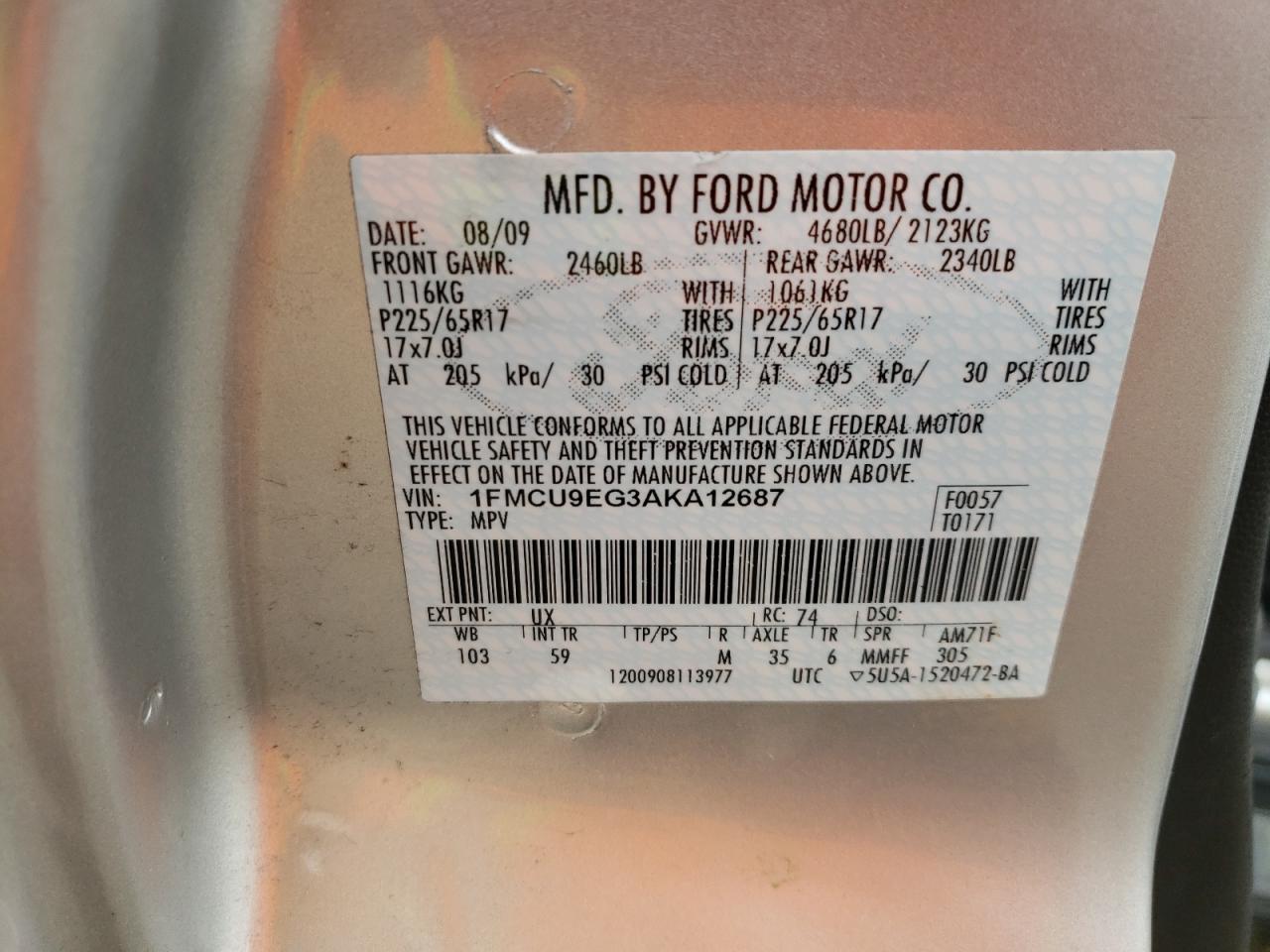 Photo 10 from auction – 2010 FORD ESCAPE LIM with VIN 1FMCU9EG3AKA12687
