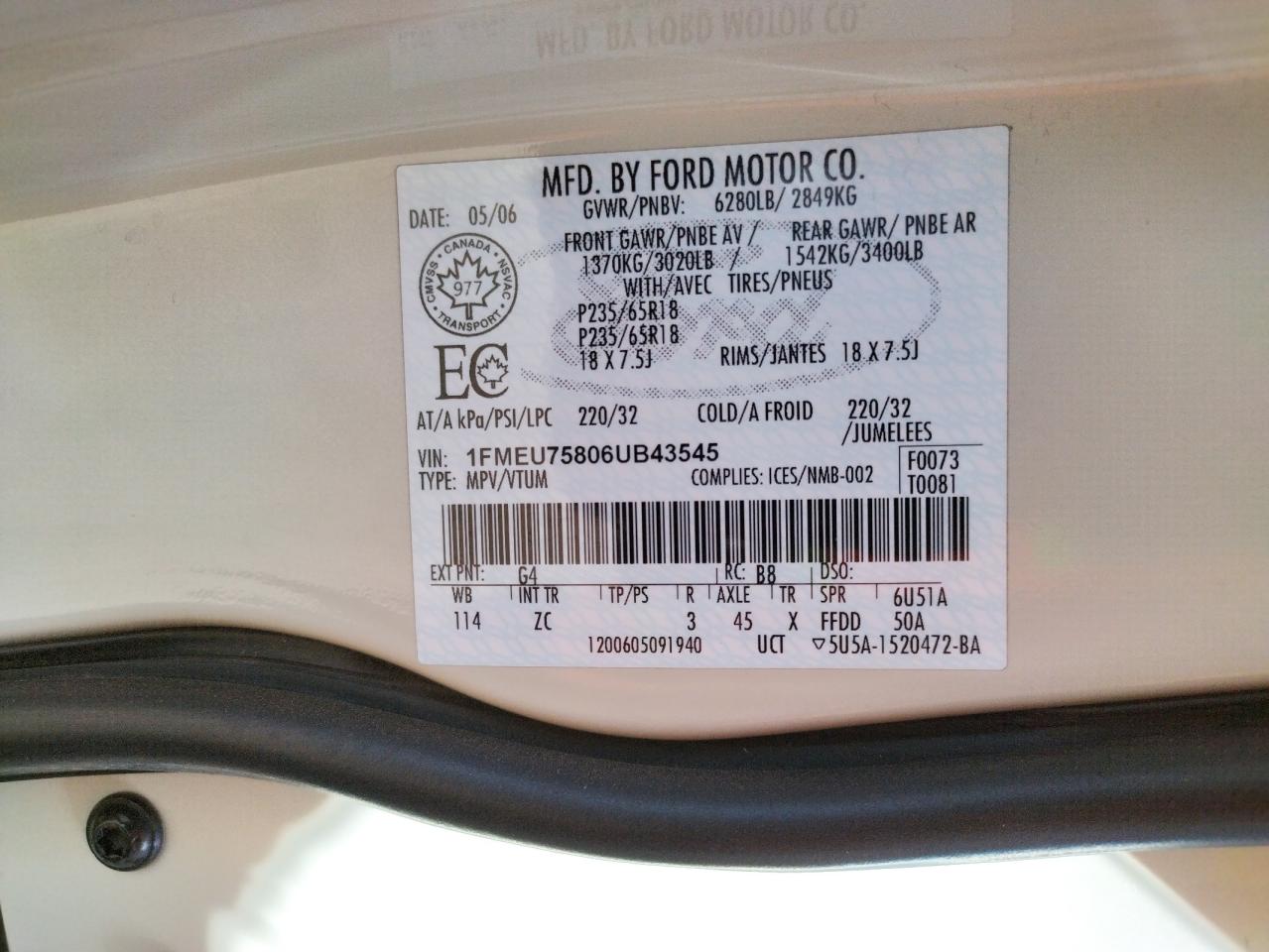 Photo 10 from auction – 2006 FORD EXPLORER L with VIN 1FMEU75806UB43545