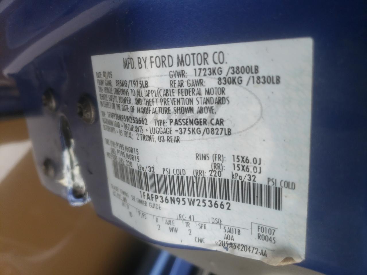 Photo 10 from auction – 2005 FORD FOCUS ZXW with VIN 1FAFP36N95W253662