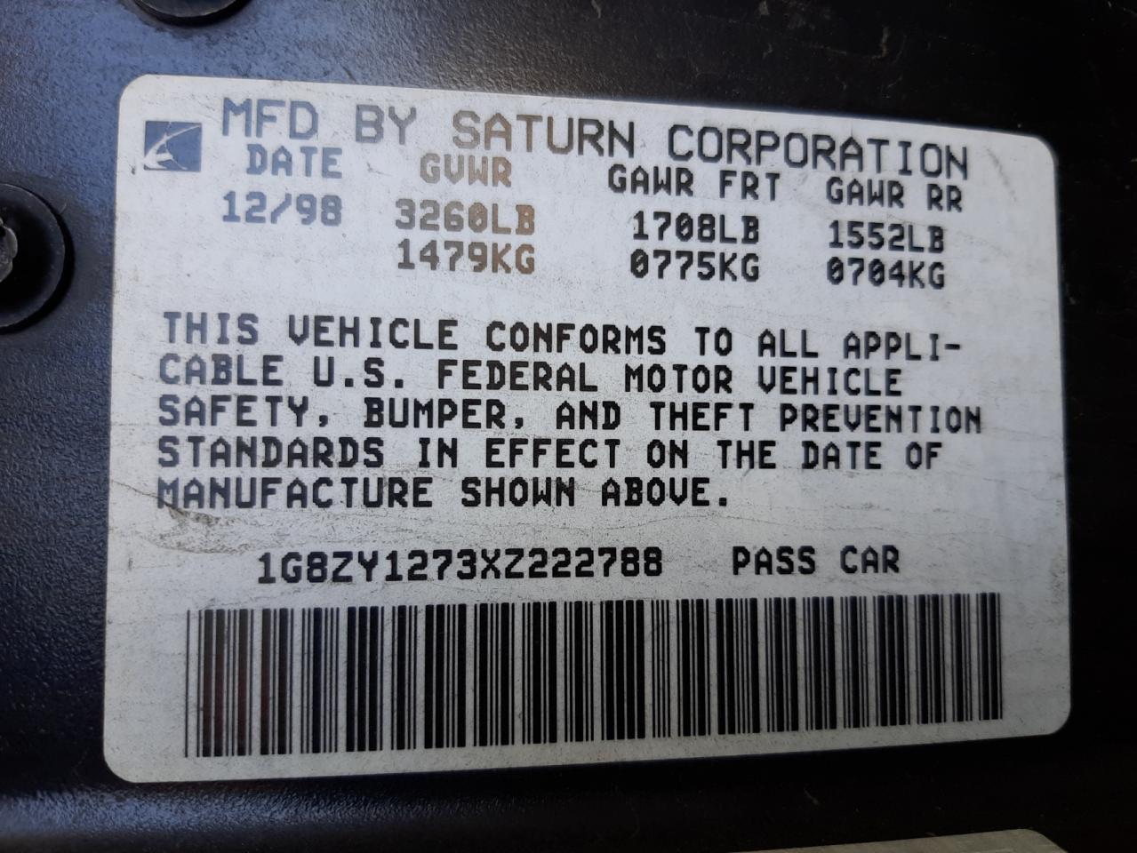Photo 10 from auction – 1999 SATURN SC2 with VIN 1G8ZY1273XZ222788