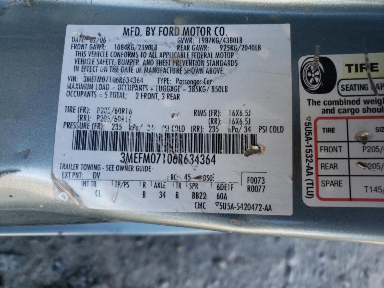 Photo 10 from auction – 2006 MERCURY MILAN with VIN 3MEFM07106R634364