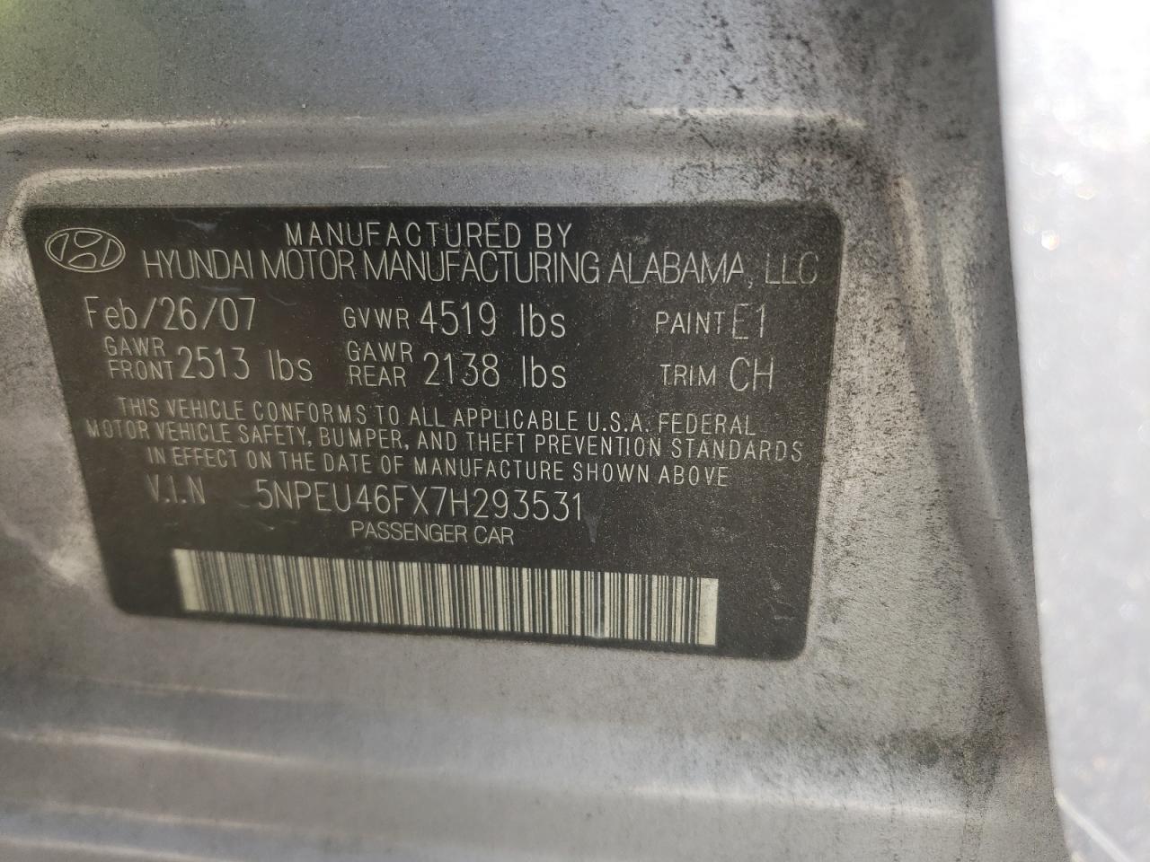 Photo 10 from auction – 2007 HYUNDAI SONATA SE with VIN 5NPEU46FX7H293531