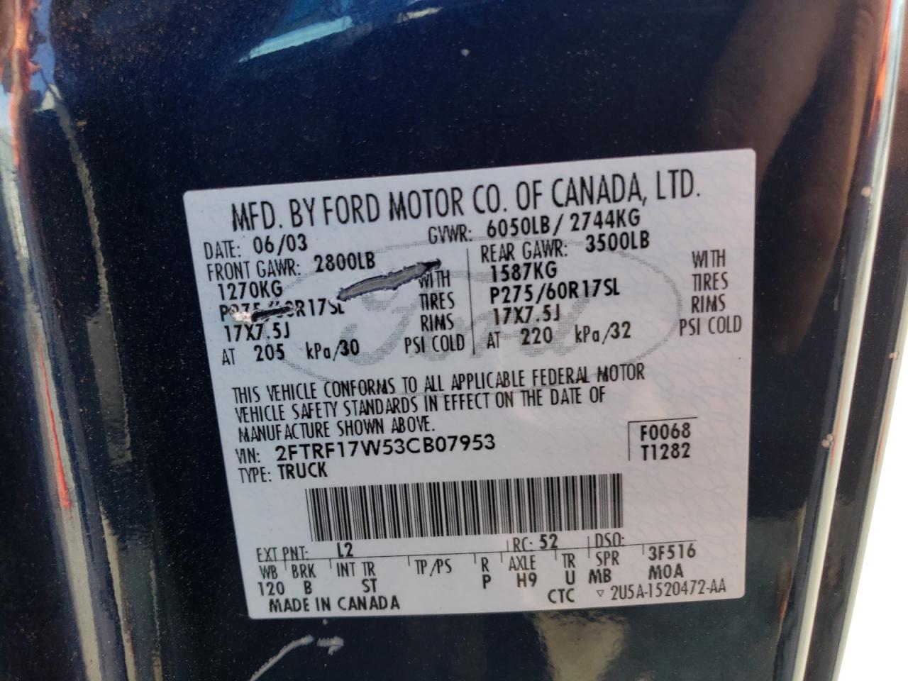 Photo 10 from auction – 2003 FORD F150 with VIN 2FTRF17W53CB07953