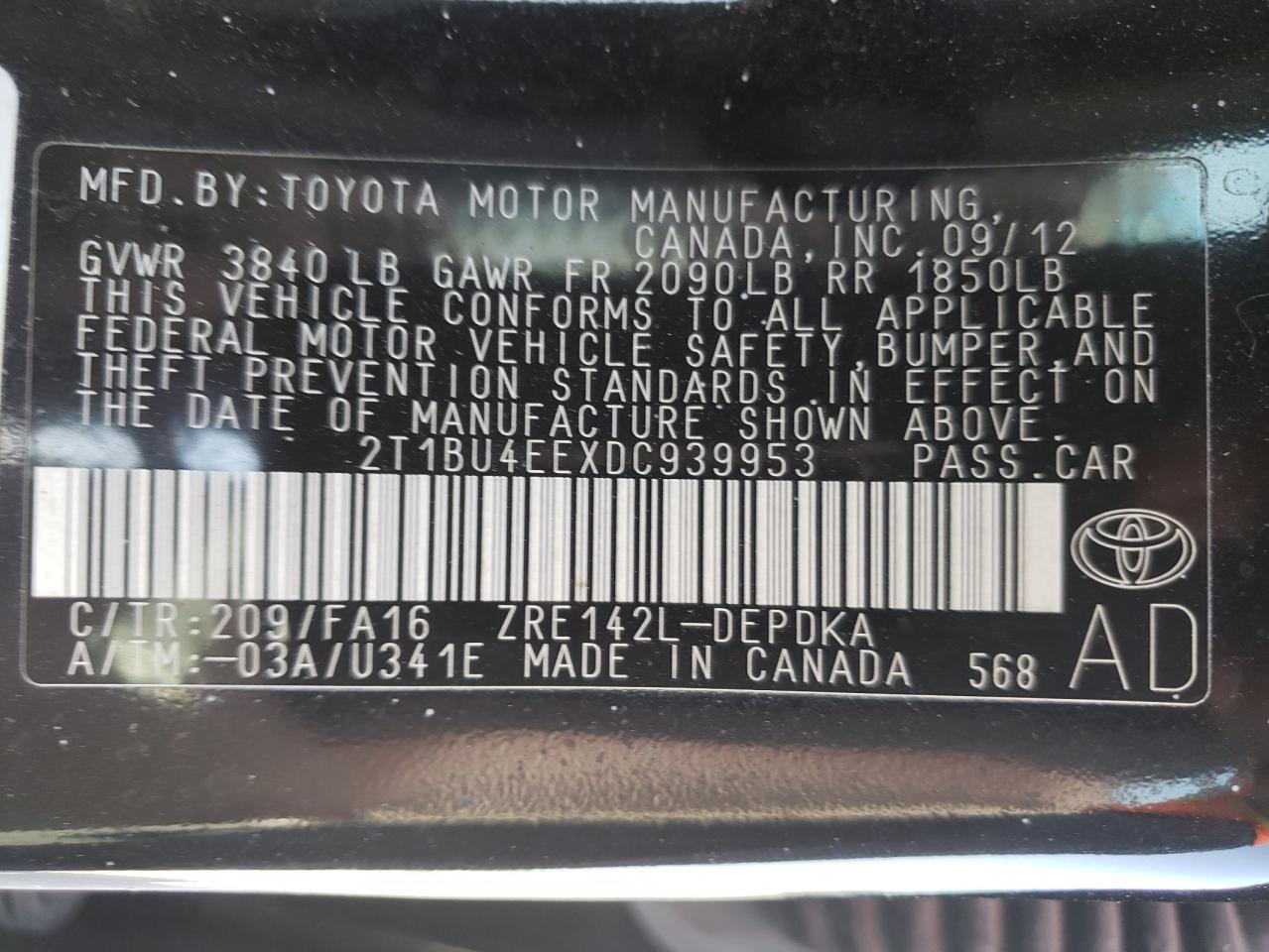Photo 10 from auction – 2013 TOYOTA COROLLA BA with VIN 2T1BU4EEXDC939953