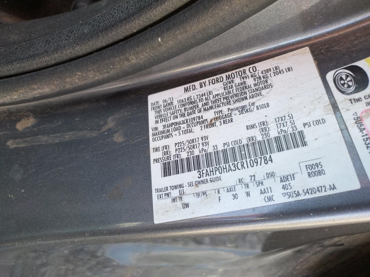 Photo 10 from auction – 2012 FORD FUSION SE with VIN 3FAHP0HA3CR109784