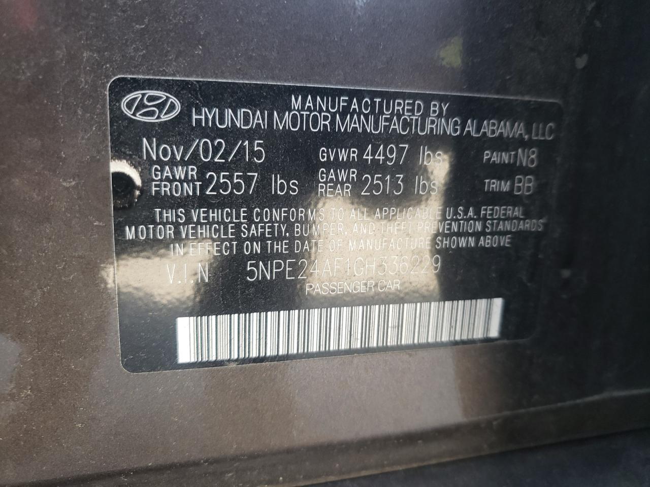 Photo 10 from auction – 2016 HYUNDAI SONATA SE with VIN 5NPE24AF1GH336229
