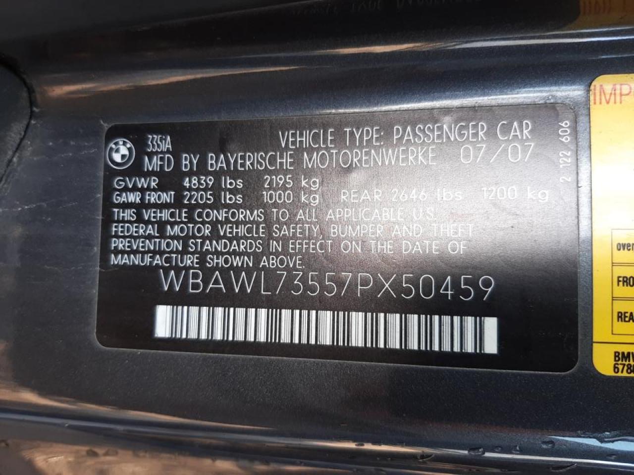 Photo 10 from auction – 2007 BMW 335 I with VIN WBAWL73557PX50459