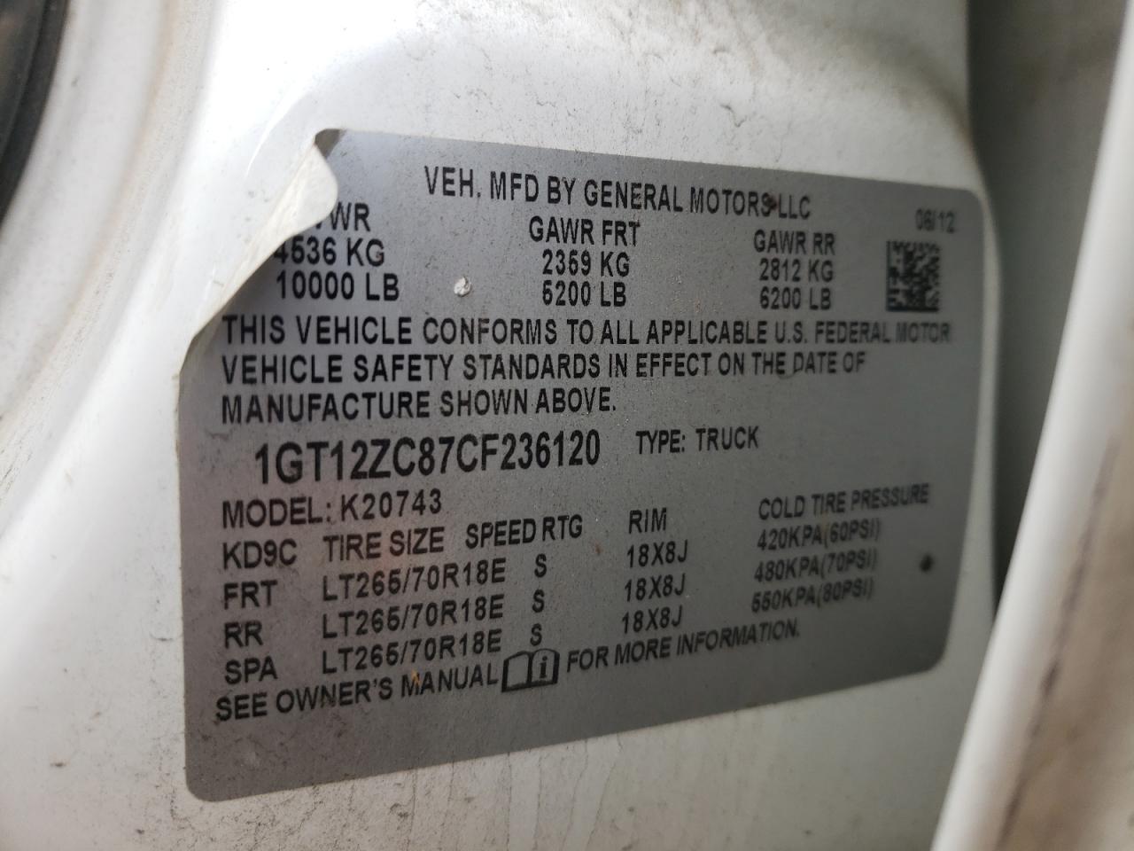 Photo 10 from auction – 2012 GMC SIERRA K25 with VIN 1GT12ZC87CF236120