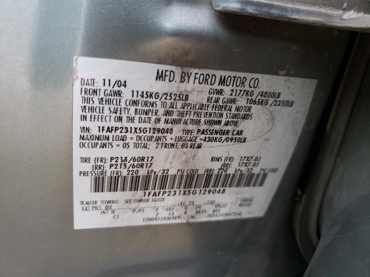 Photo 10 from auction – 2005 FORD FIVE HUNDR with VIN 1FAFP231X5G129048