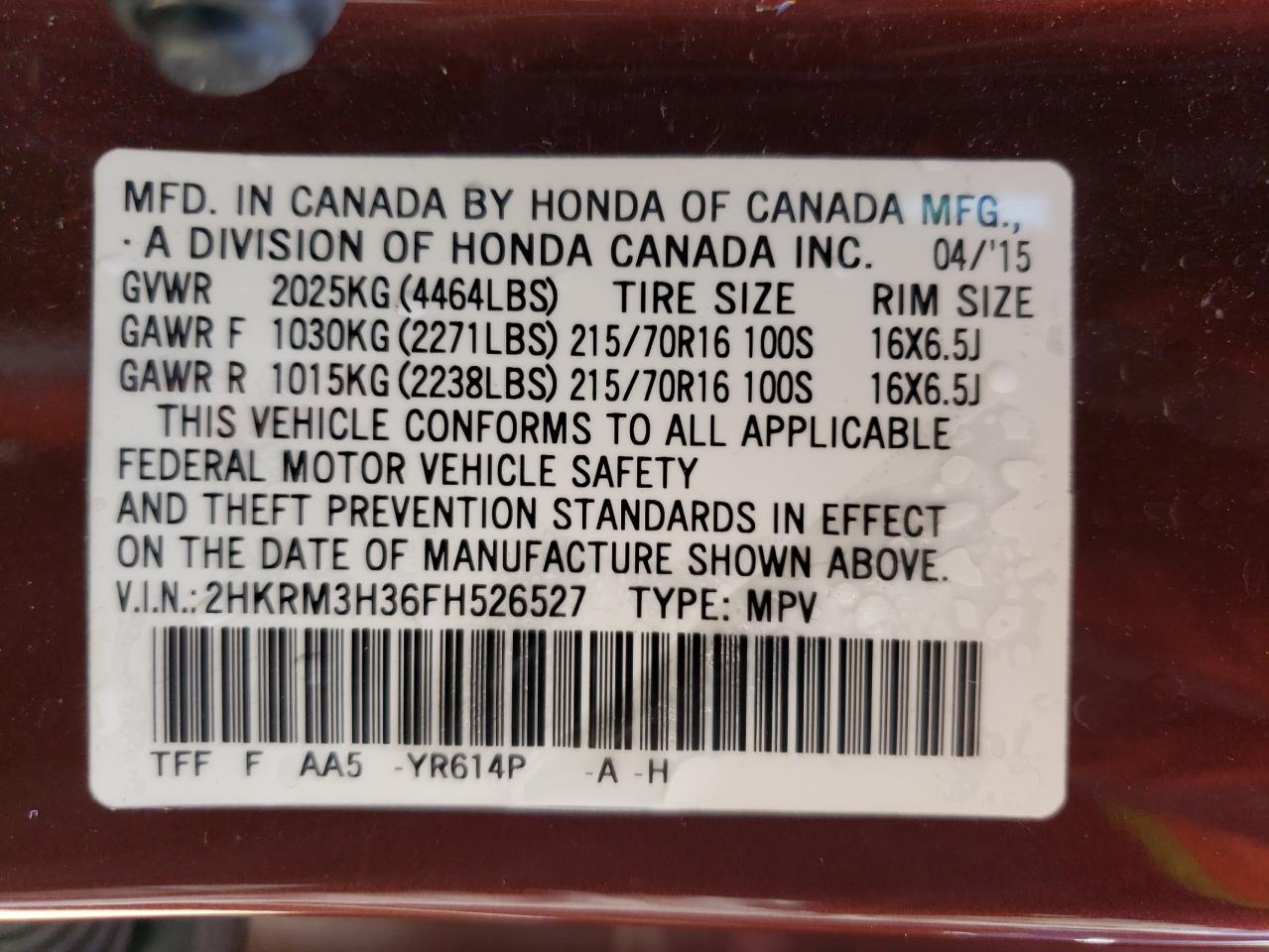 Photo 10 from auction – 2015 HONDA CR-V LX with VIN 2HKRM3H36FH526527