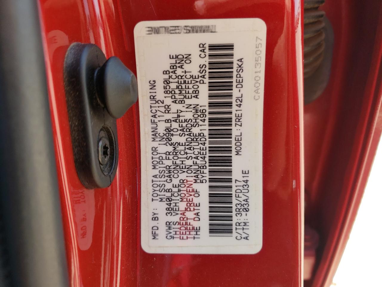 Photo 10 from auction – 2013 TOYOTA COROLLA BA with VIN 5YFBU4EE4DP114961