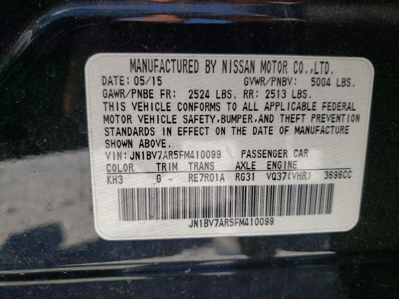 Photo 10 from auction – 2015 INFINITI Q50 BASE with VIN JN1BV7AR5FM410099