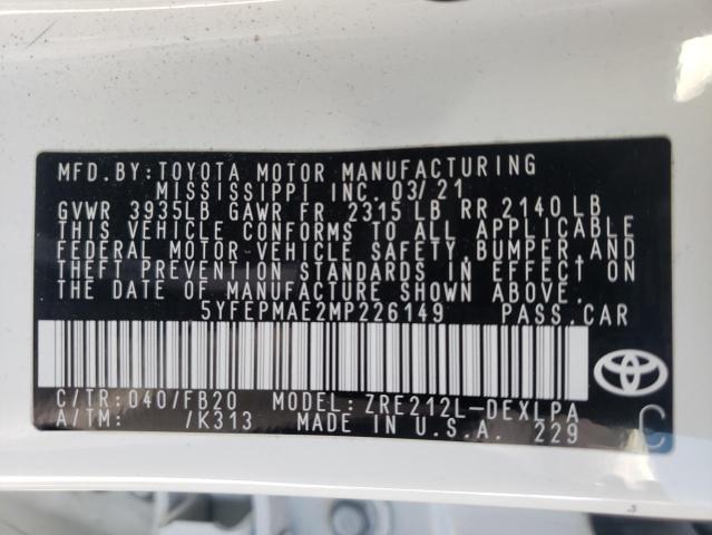 Photo 10 from auction – 2021 TOYOTA COROLLA LE with VIN 5YFEPMAE2MP226149