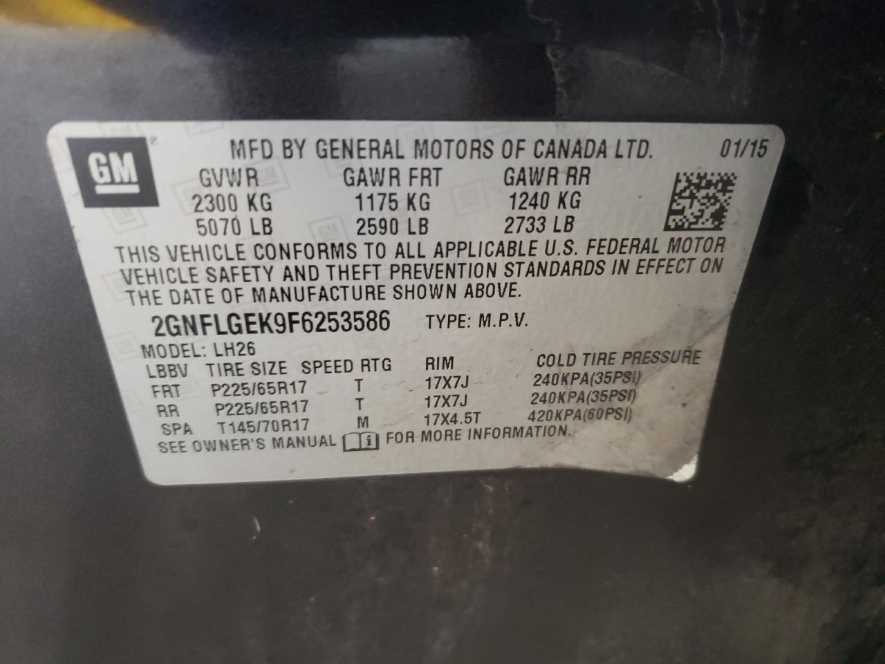 Photo 10 from auction – 2015 CHEVROLET EQUINOX LT with VIN 2GNFLGEK9F6253586
