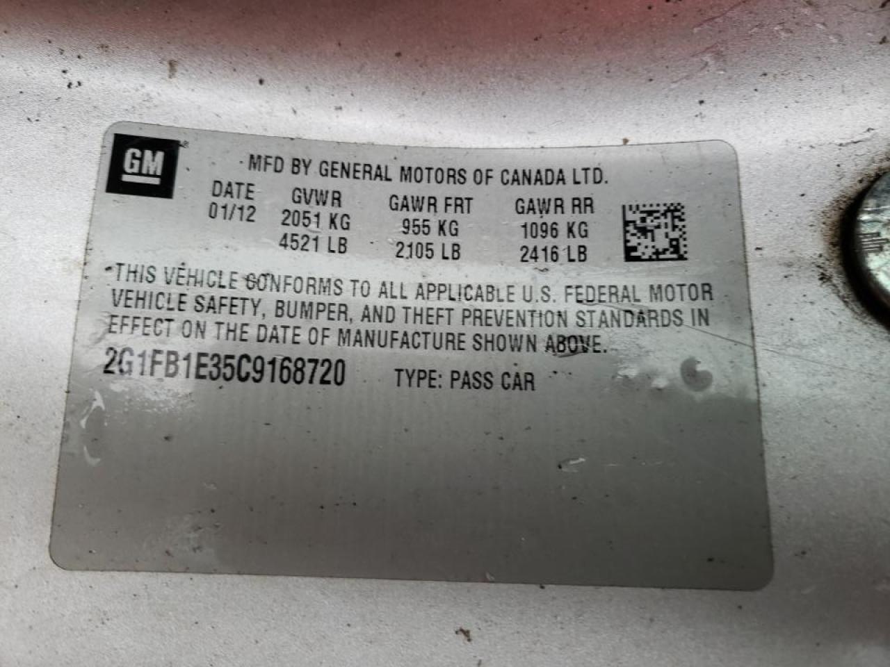 Photo 10 from auction – 2012 CHEVROLET CAMARO LT with VIN 2G1FB1E35C9168720