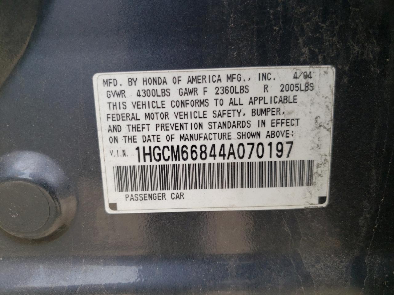 Photo 10 from auction – 2004 HONDA ACCORD EX with VIN 1HGCM66844A070197