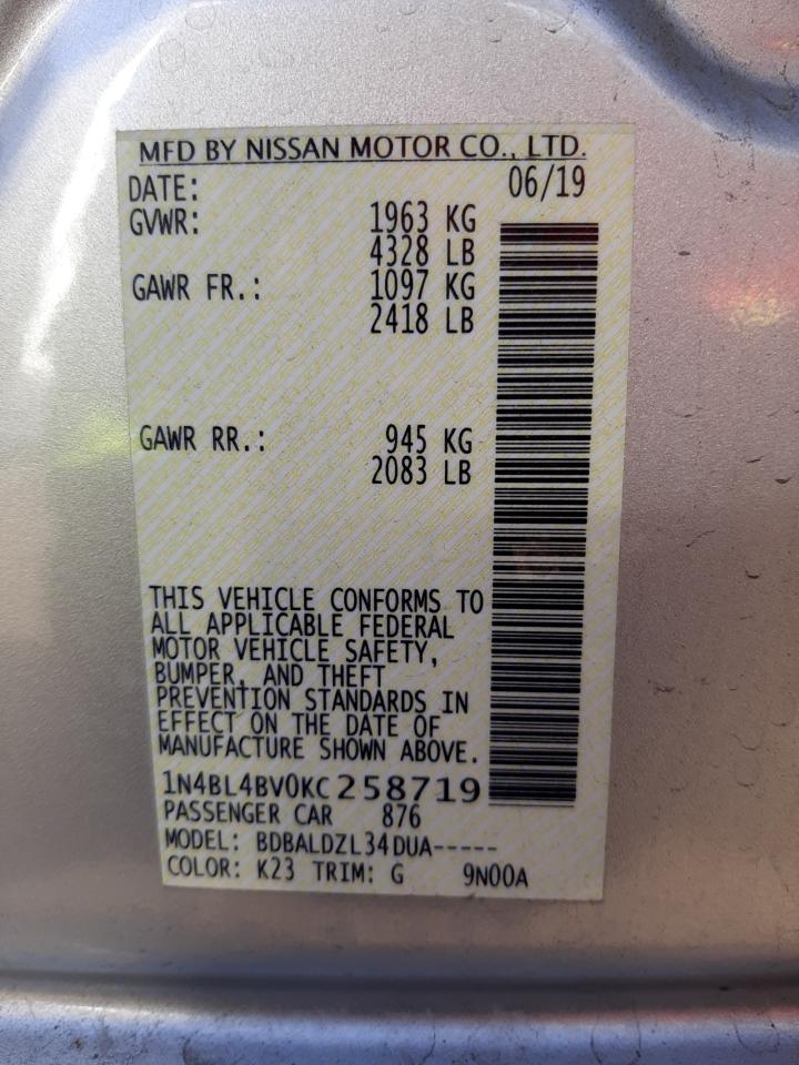 Photo 10 from auction – 2019 NISSAN ALTIMA S with VIN 1N4BL4BV0KC258719