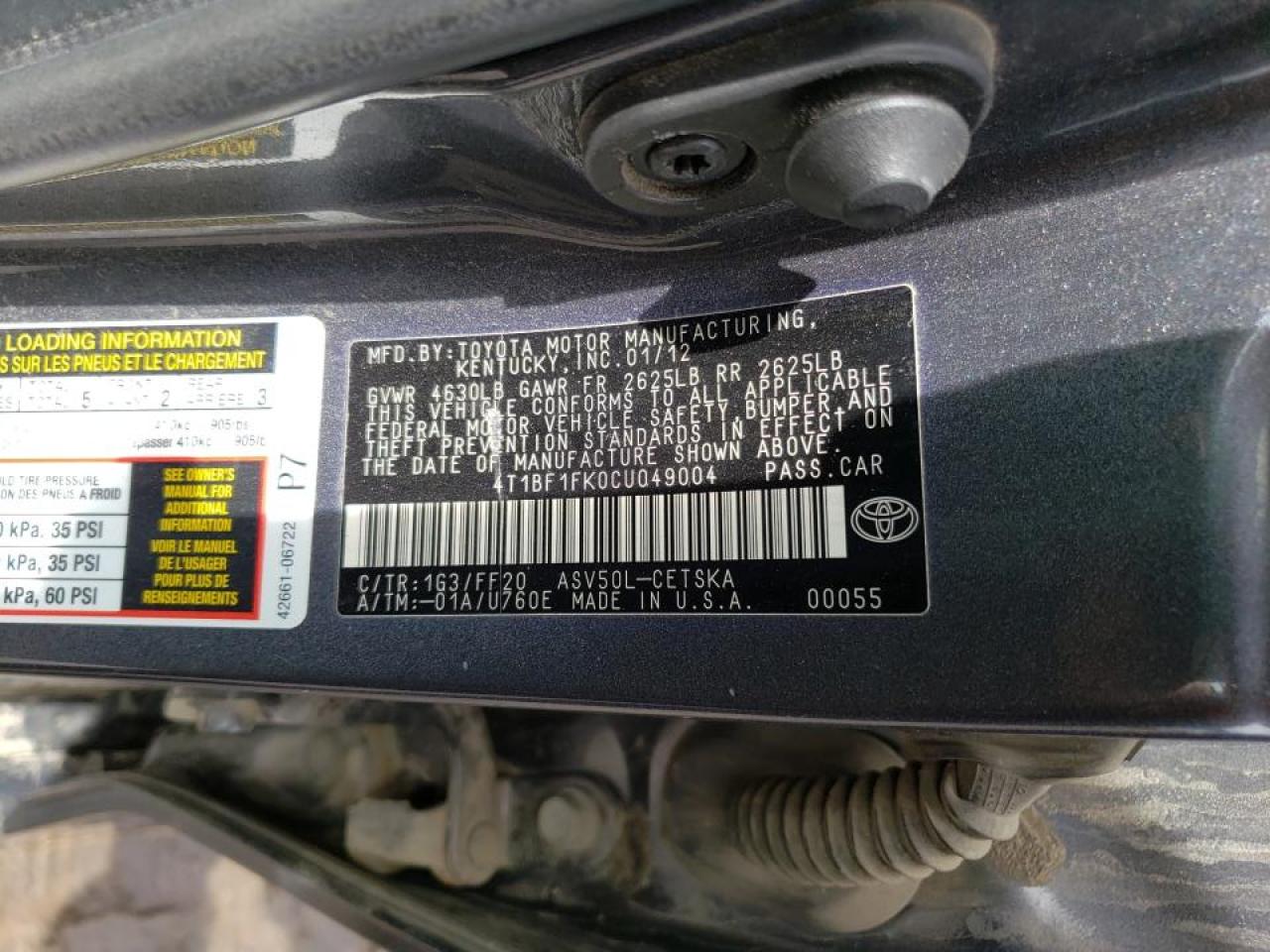 Photo 10 from auction – 2012 TOYOTA CAMRY BASE with VIN 4T1BF1FK0CU049004