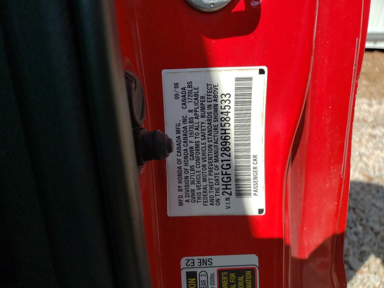 Photo 10 from auction – 2006 HONDA CIVIC with VIN 2HGFG12896H584533