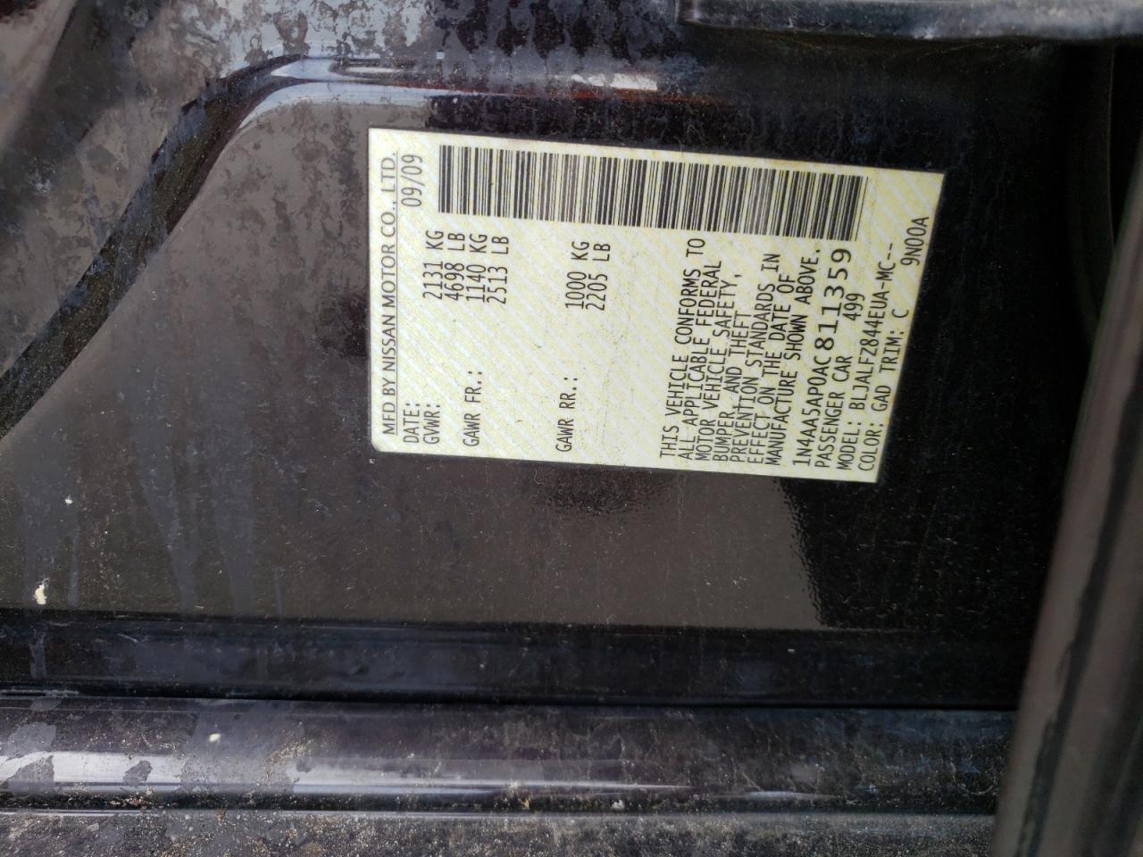 Photo 10 from auction – 2010 NISSAN MAXIMA S with VIN 1N4AA5AP0AC811359