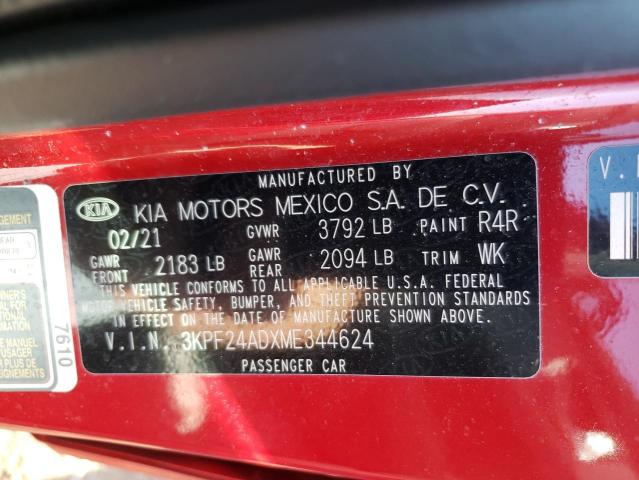 KIA FORTE FE 2021 with VIN 3KPF24ADXME344624 - Photo from auction