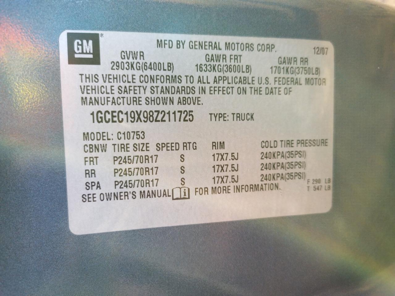 Photo 10 from auction – 2008 CHEVROLET SILVERADO with VIN 1GCEC19X98Z211725
