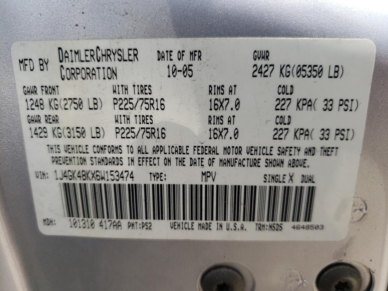 Photo 10 from auction – 2006 JEEP LIBERTY SP with VIN 1J4GK48KX6W153474