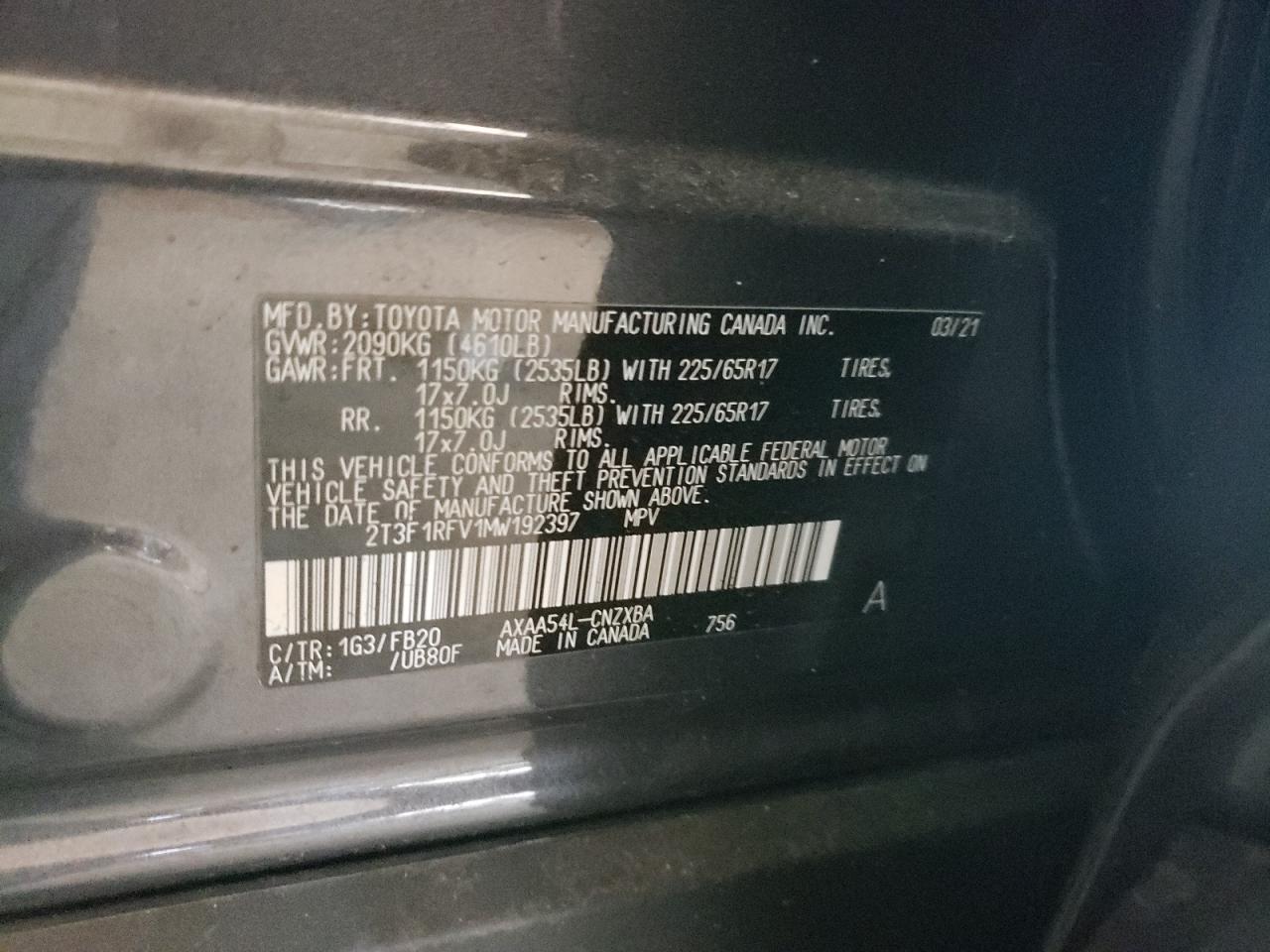 Photo 10 from auction – 2021 TOYOTA RAV4 LE with VIN 2T3F1RFV1MW192397