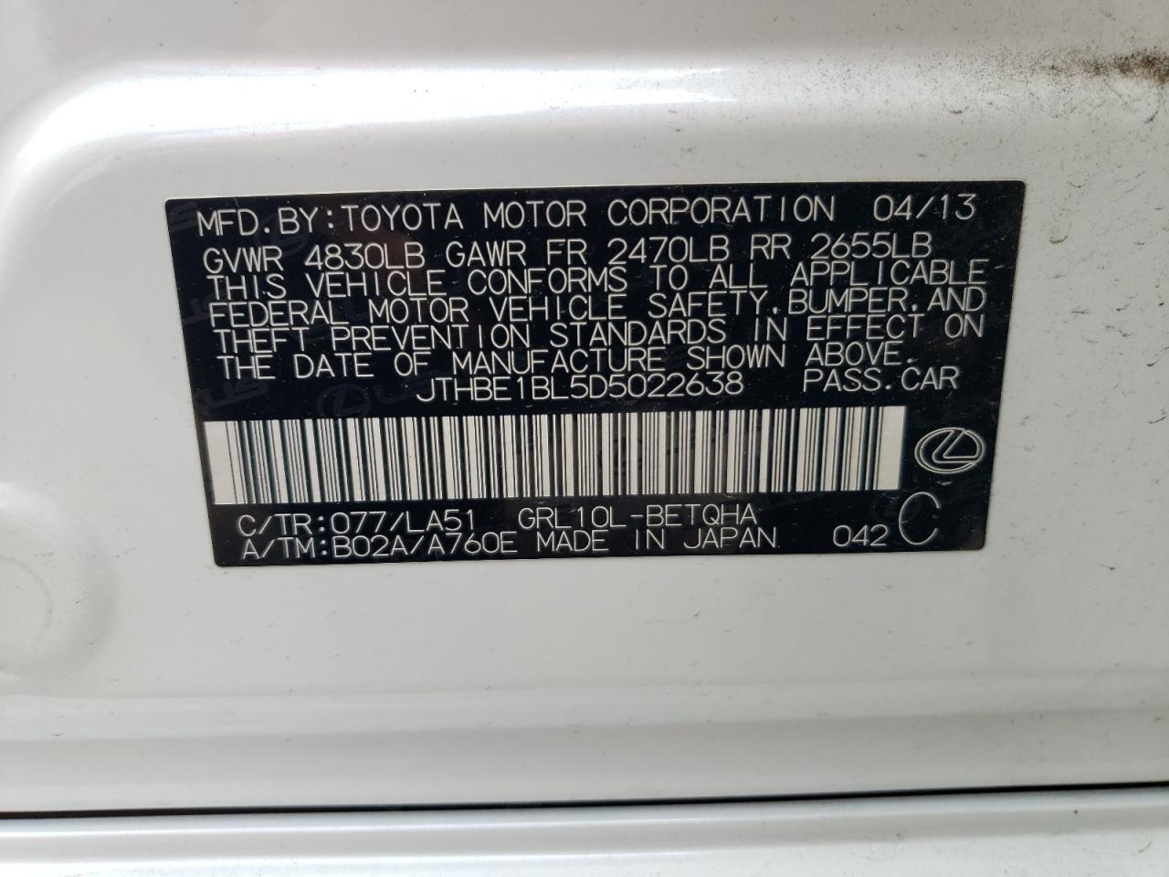 Photo 10 from auction – 2013 LEXUS GS 350 with VIN JTHBE1BL5D5022638