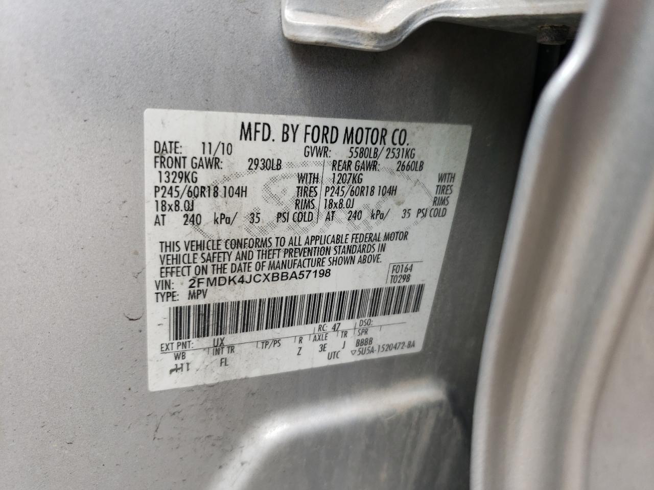 Photo 10 from auction – 2011 FORD EDGE SEL with VIN 2FMDK4JCXBBA57198