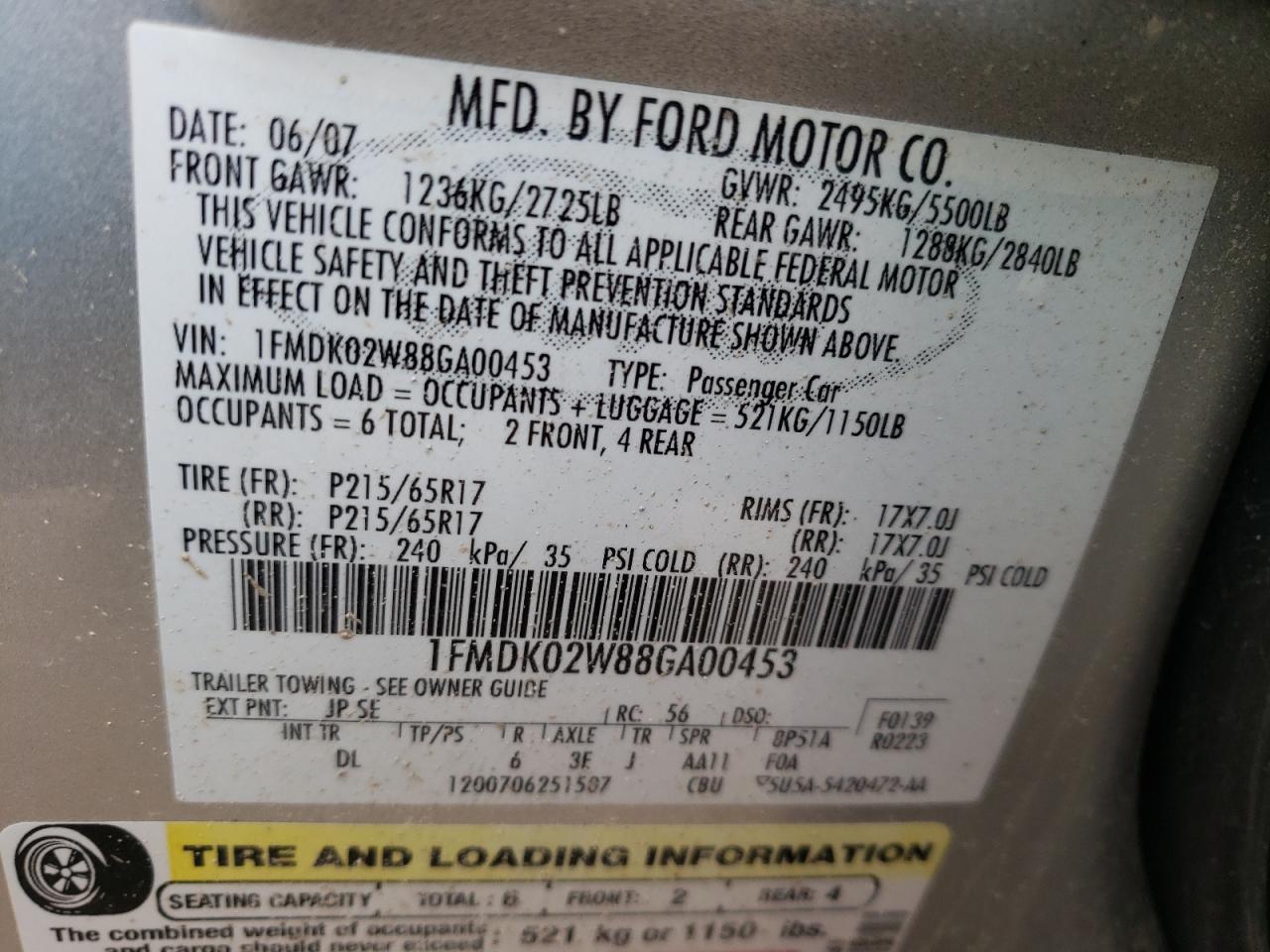 Photo 10 from auction – 2008 FORD TAURUS X with VIN 1FMDK02W88GA00453