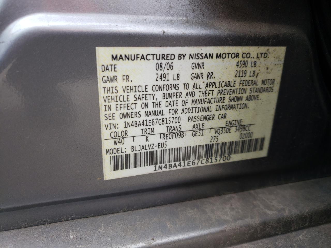 Photo 10 from auction – 2007 NISSAN MAXIMA SE with VIN 1N4BA41E67C815700
