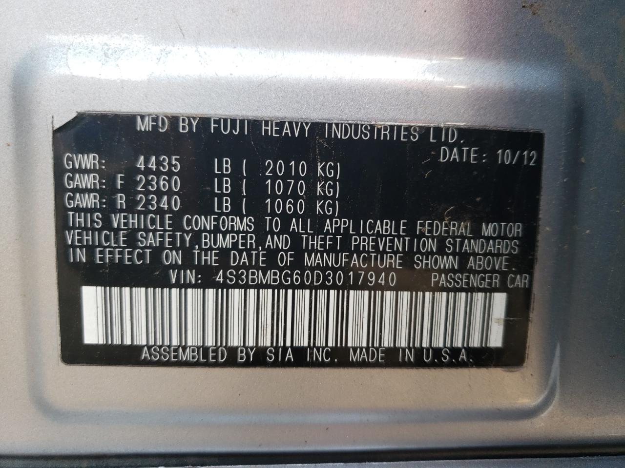 Photo 10 from auction – 2013 SUBARU LEGACY 2.5 with VIN 4S3BMBG60D3017940