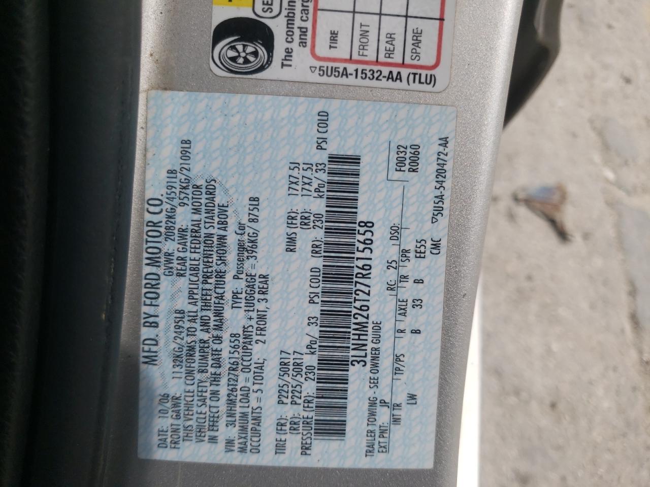 Photo 10 from auction – 2007 LINCOLN MKZ with VIN 3LNHM26T27R615658
