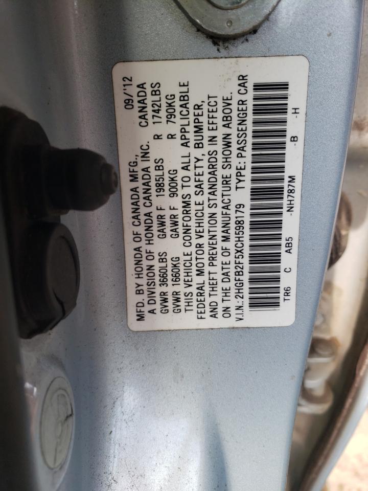 Photo 10 from auction – 2012 HONDA CIVIC LX with VIN 2HGFB2F5XCH598179