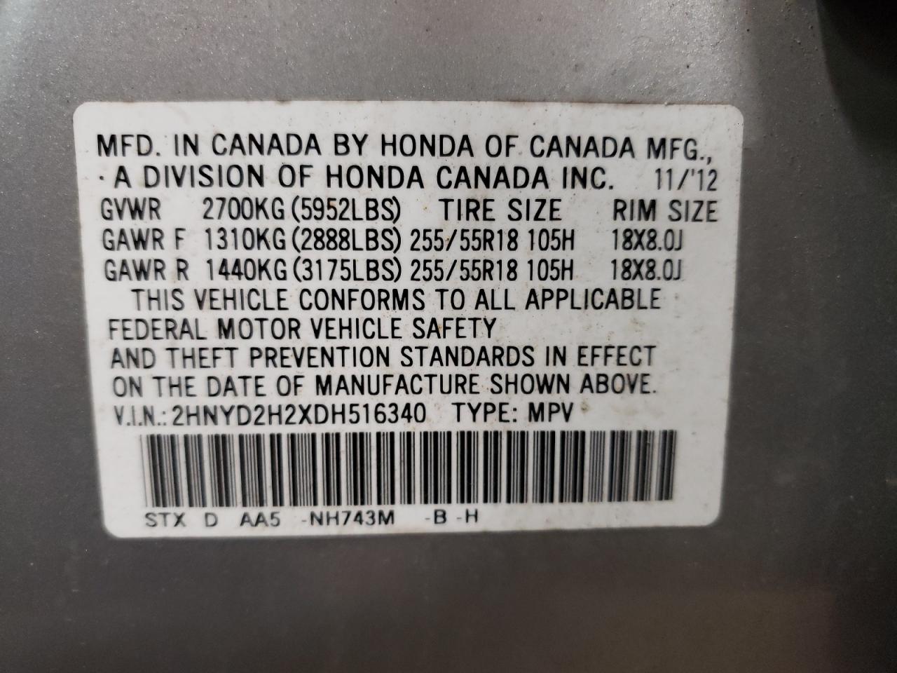 Photo 10 from auction – 2013 ACURA MDX with VIN 2HNYD2H2XDH516340