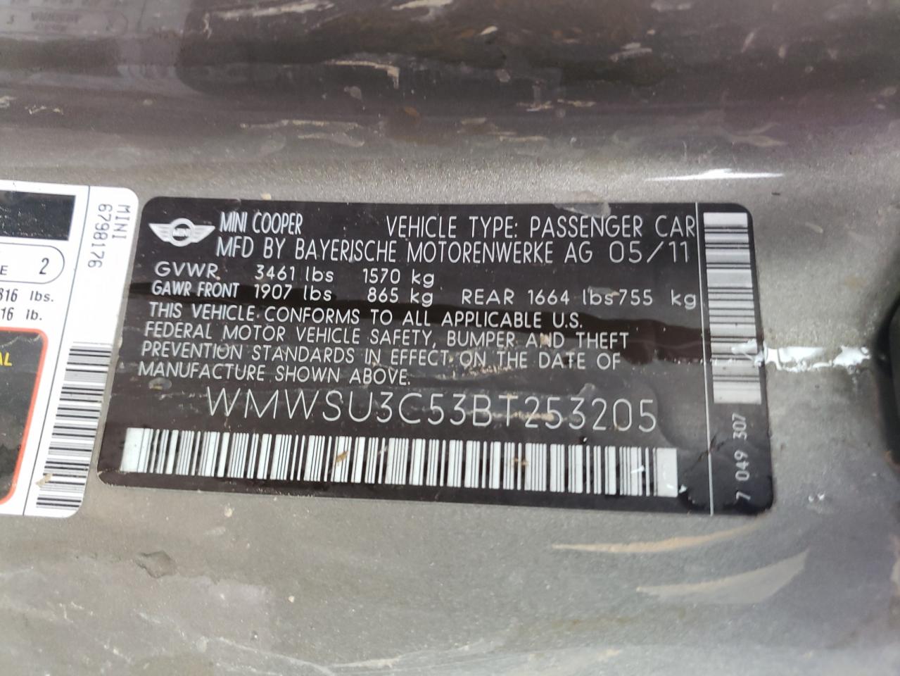 Photo 10 from auction – 2011 MINI COOPER with VIN WMWSU3C53BT253205