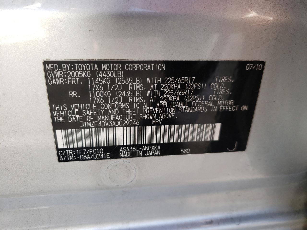 Photo 10 from auction – 2010 TOYOTA RAV4 with VIN JTMZF4DV3AD029246