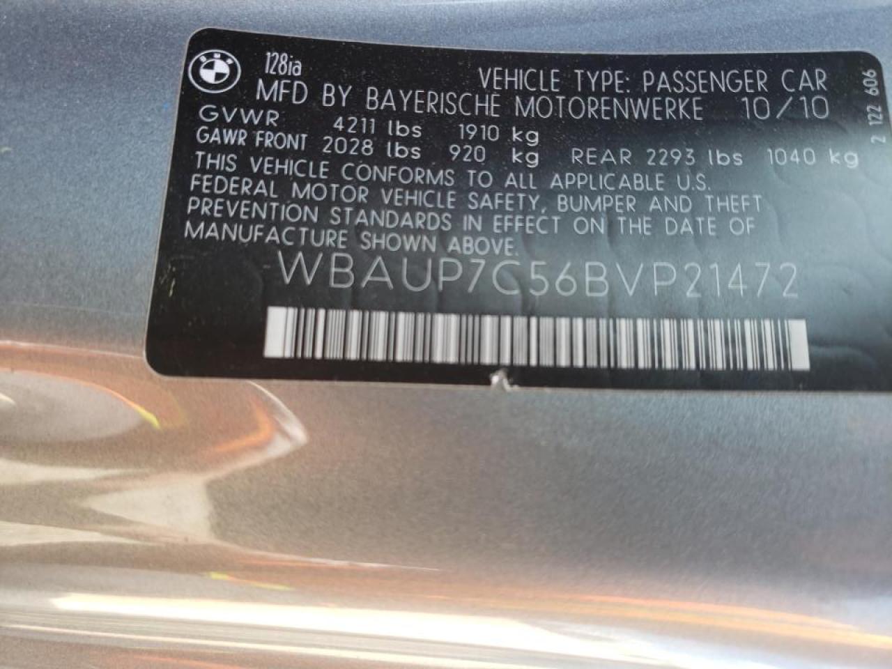 Photo 16 from auction – 2011 BMW 128 I with VIN WBAUP7C56BVP21472