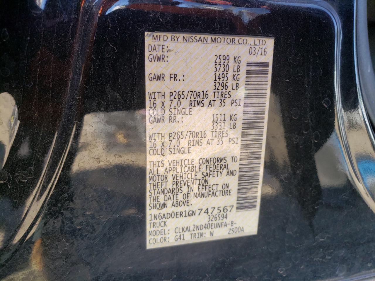 Photo 10 from auction – 2016 NISSAN FRONTIER S with VIN 1N6AD0ER1GN747567
