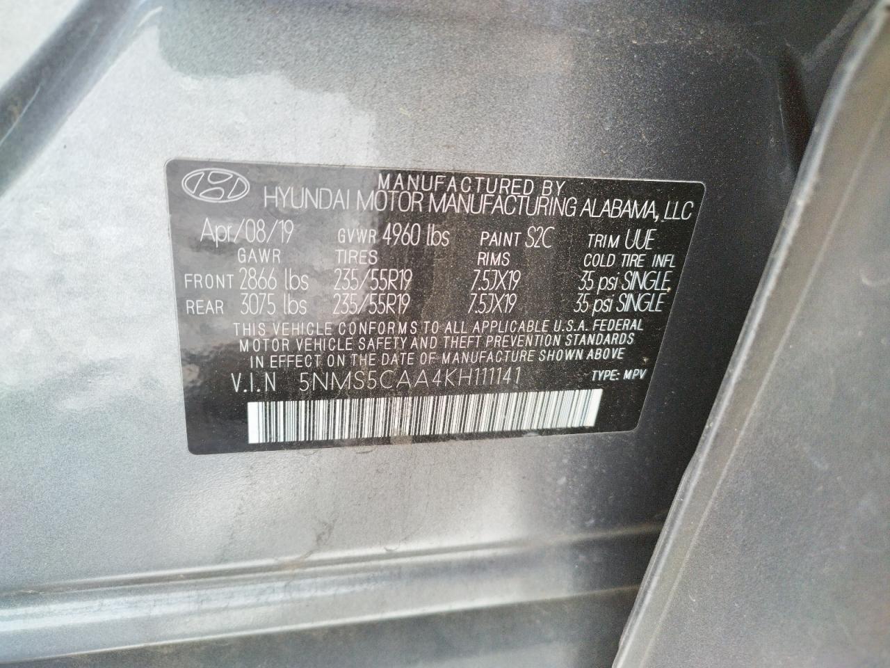 Photo 10 from auction – 2019 HYUNDAI SANTA FE L with VIN 5NMS5CAA4KH111141