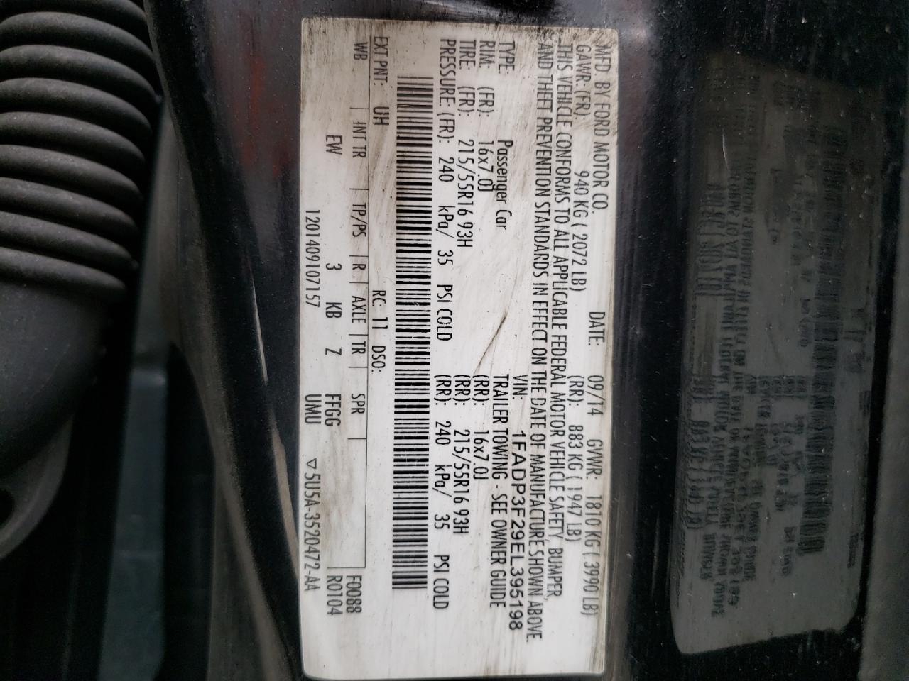 Photo 10 from auction – 2014 FORD FOCUS SE with VIN 1FADP3F29EL395198