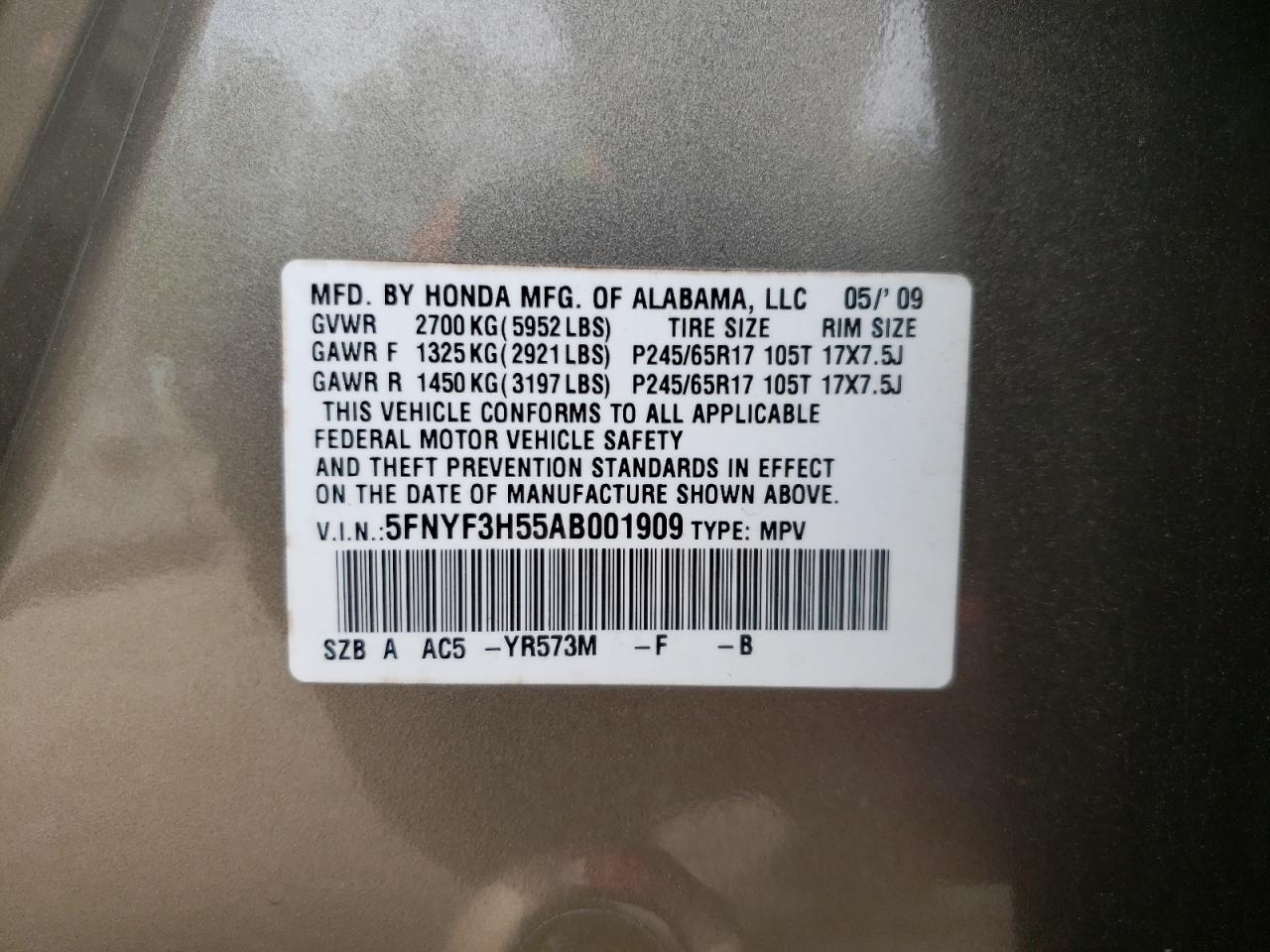 Photo 10 from auction – 2010 HONDA PILOT EXL with VIN 5FNYF3H55AB001909