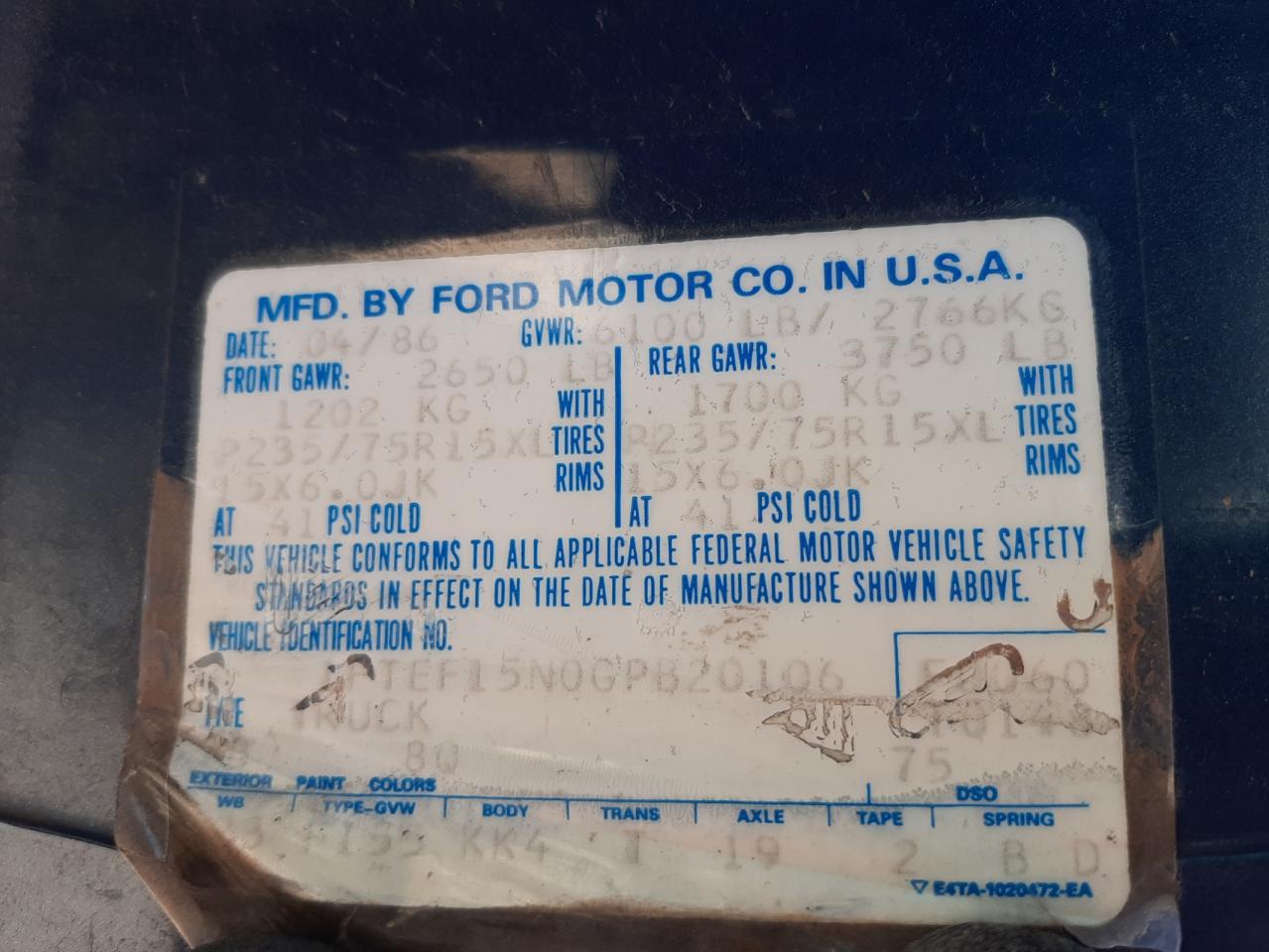 Photo 10 from auction – 1986 FORD F150 with VIN 1FTEF15N0GPB20106