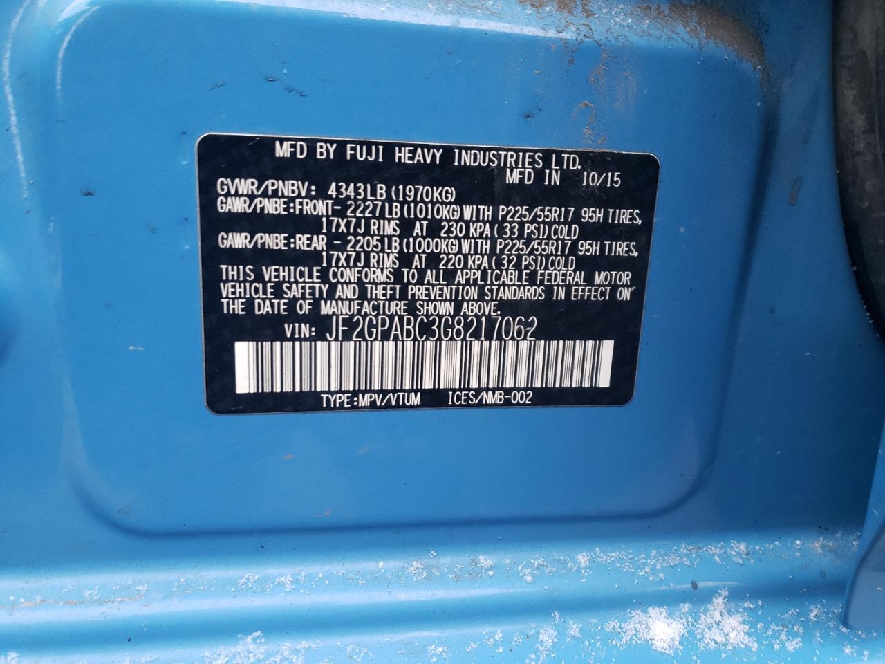 Photo 10 from auction – 2016 SUBARU CROSSTREK with VIN JF2GPABC3G8217062