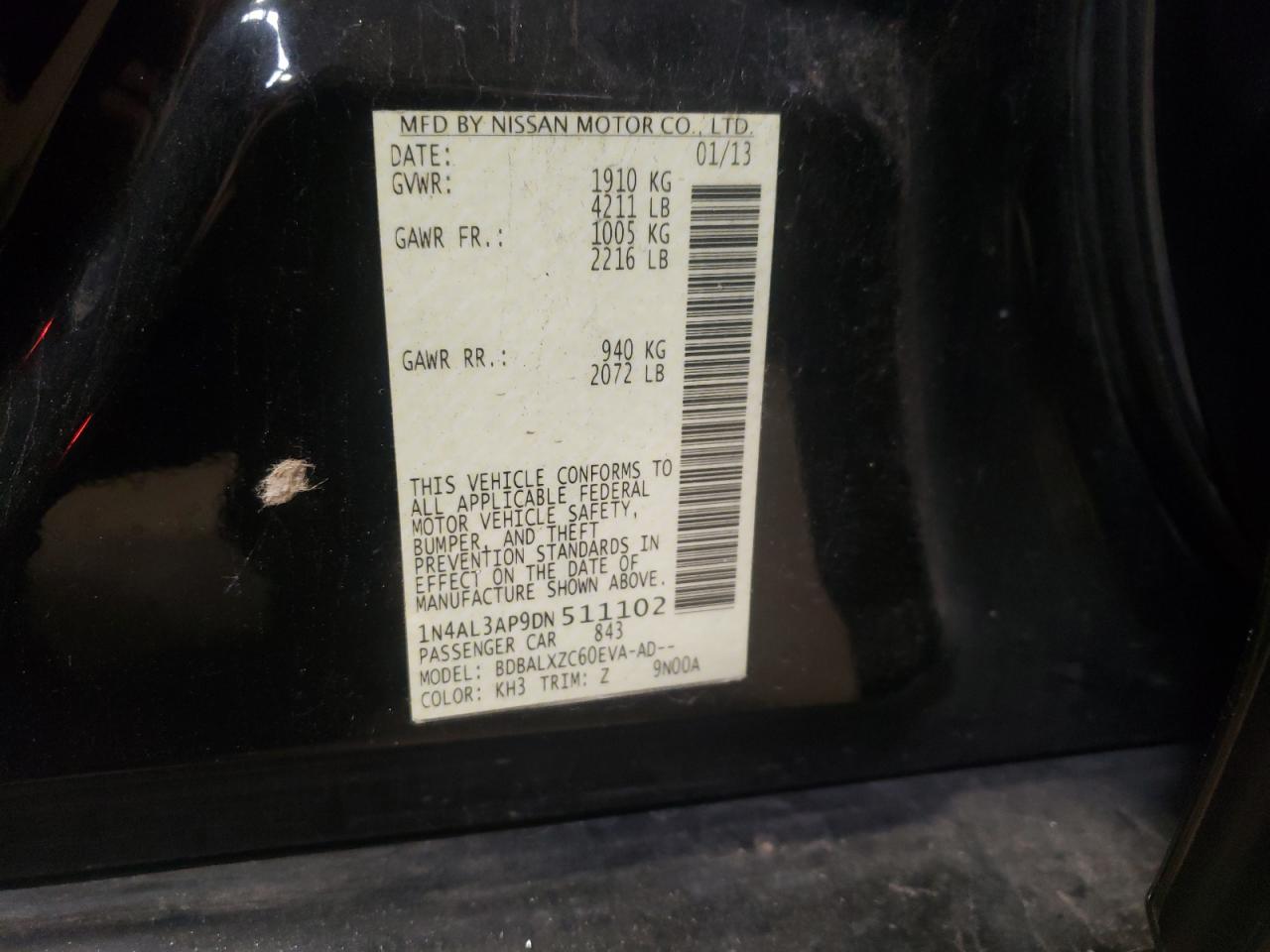 Photo 10 from auction – 2013 NISSAN ALTIMA 2.5 with VIN 1N4AL3AP9DN511102