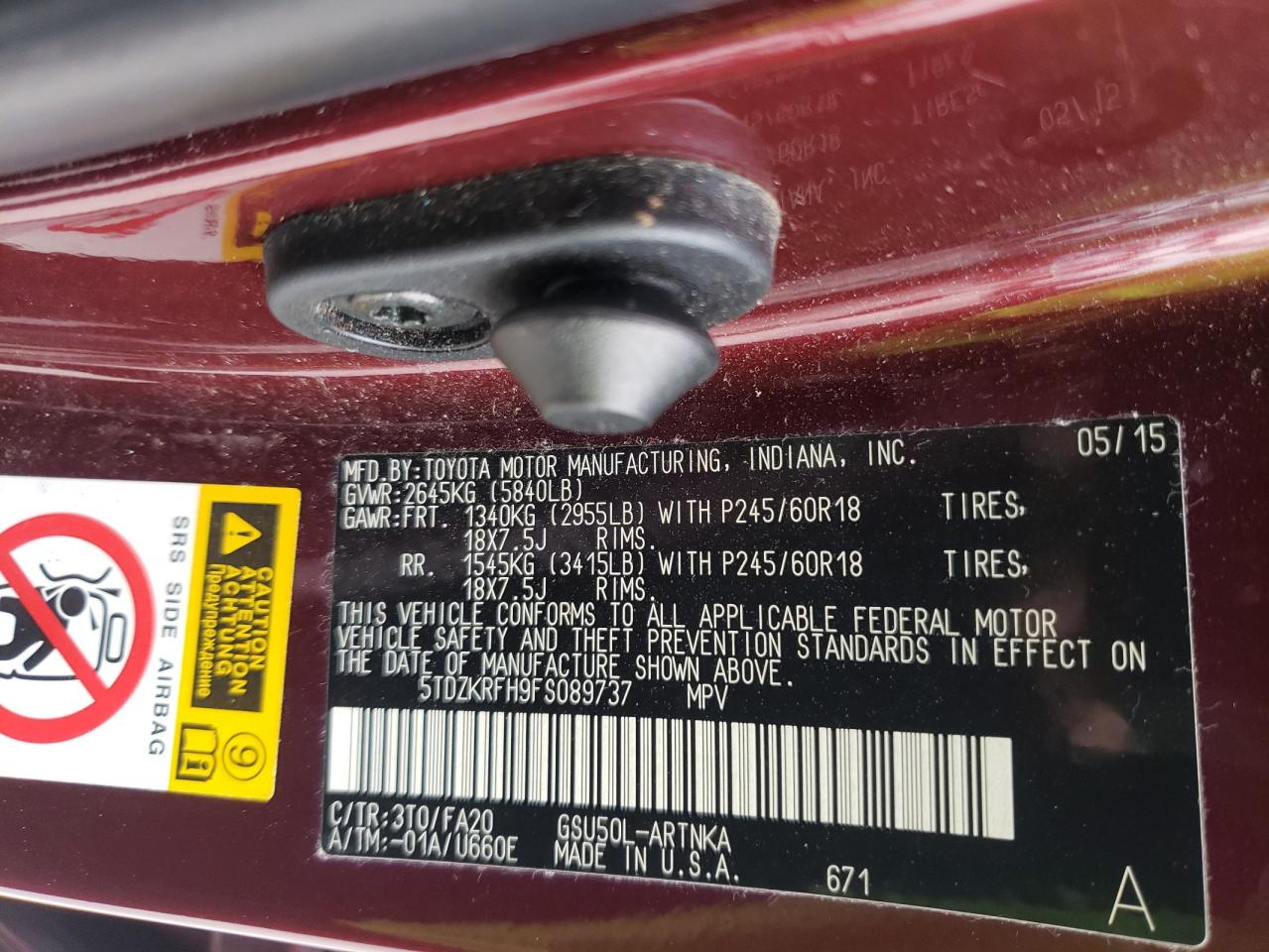 Photo 10 from auction – 2015 TOYOTA HIGHLANDER with VIN 5TDZKRFH9FS089737