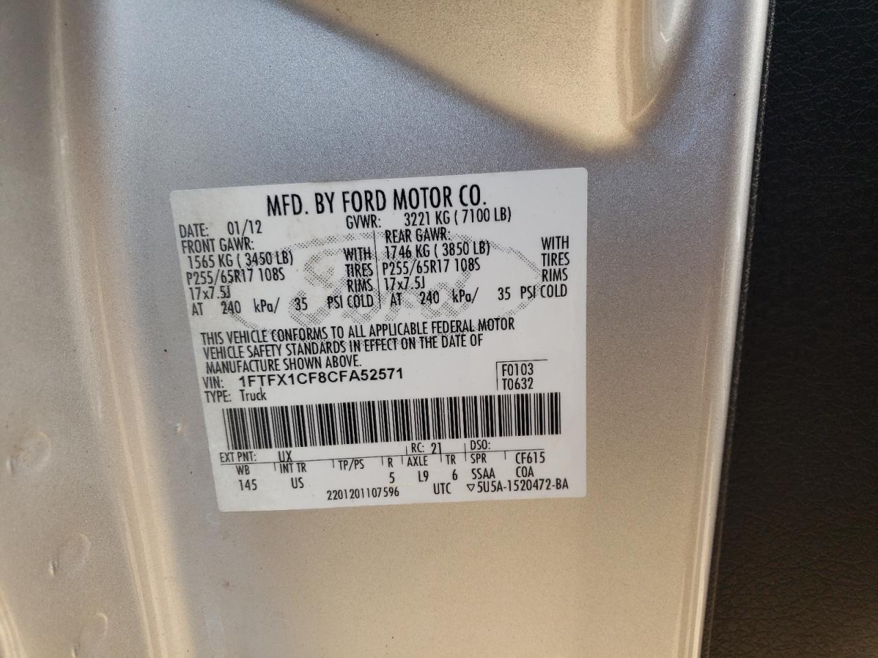 Photo 10 from auction – 2012 FORD F150 SUPER with VIN 1FTFX1CF8CFA52571